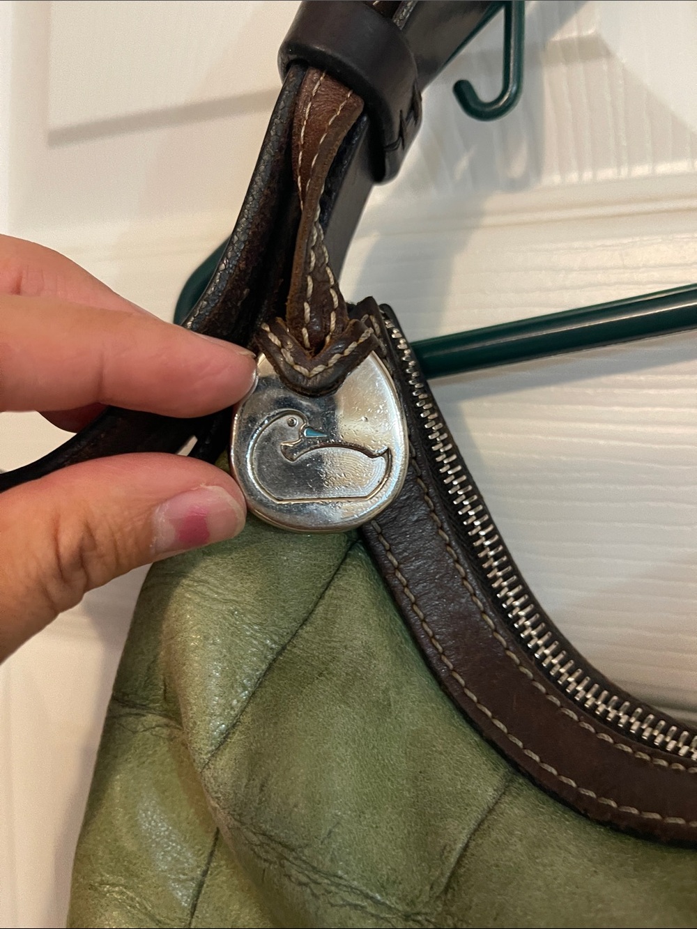 Dooney & Bourke Olive Green Croc-Embossed Leather Shoulder Bag with Brown Trim - Picture 5 of 10